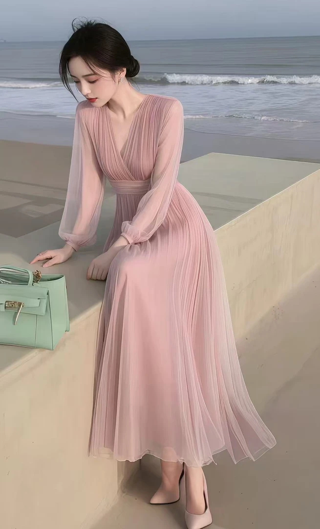 法式温柔系穿搭高端精致轻奢高级感上流社会粉色雪纺连衣裙春夏