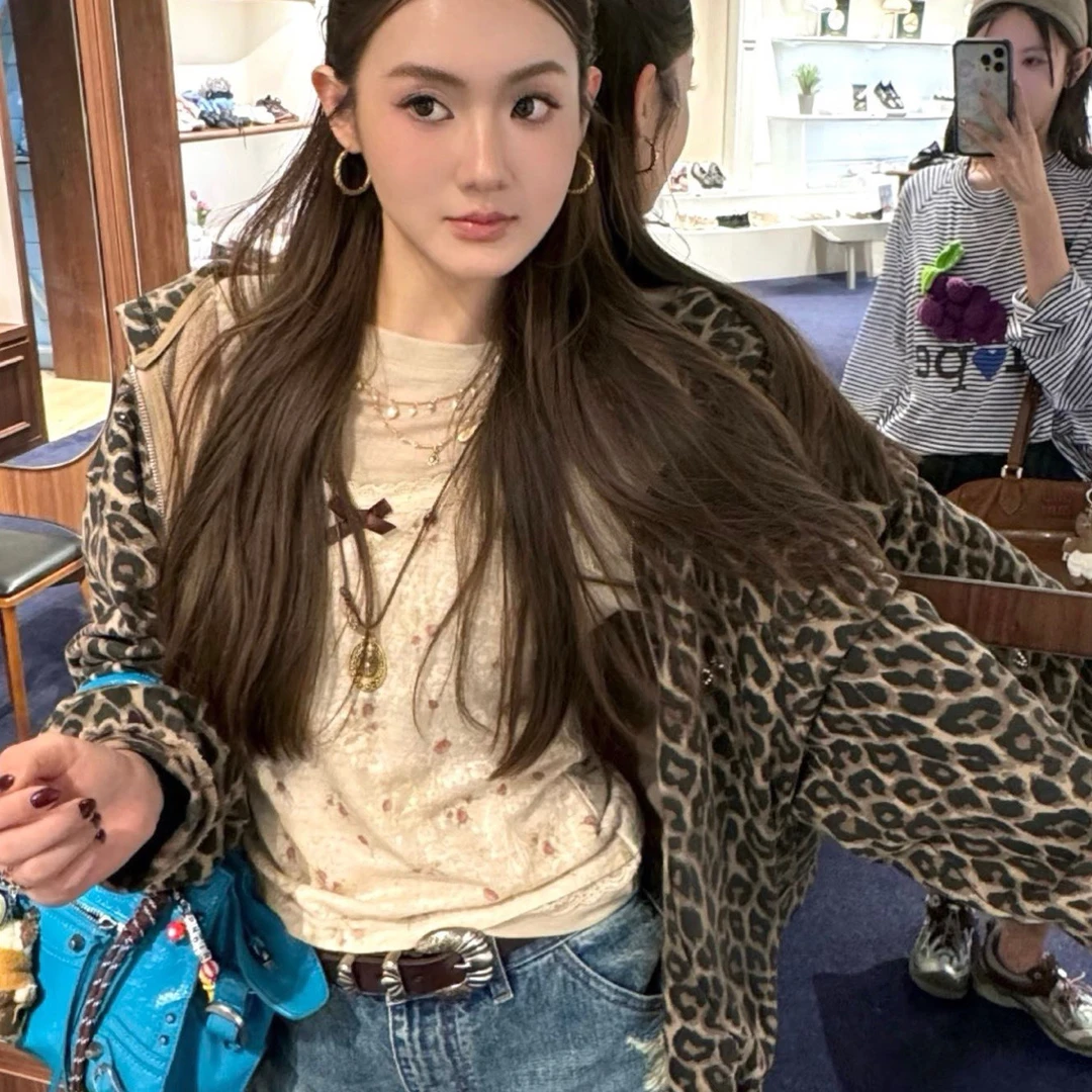 Alexia Sandra 25AW新款海洋印花烫钻豹纹连帽开衫