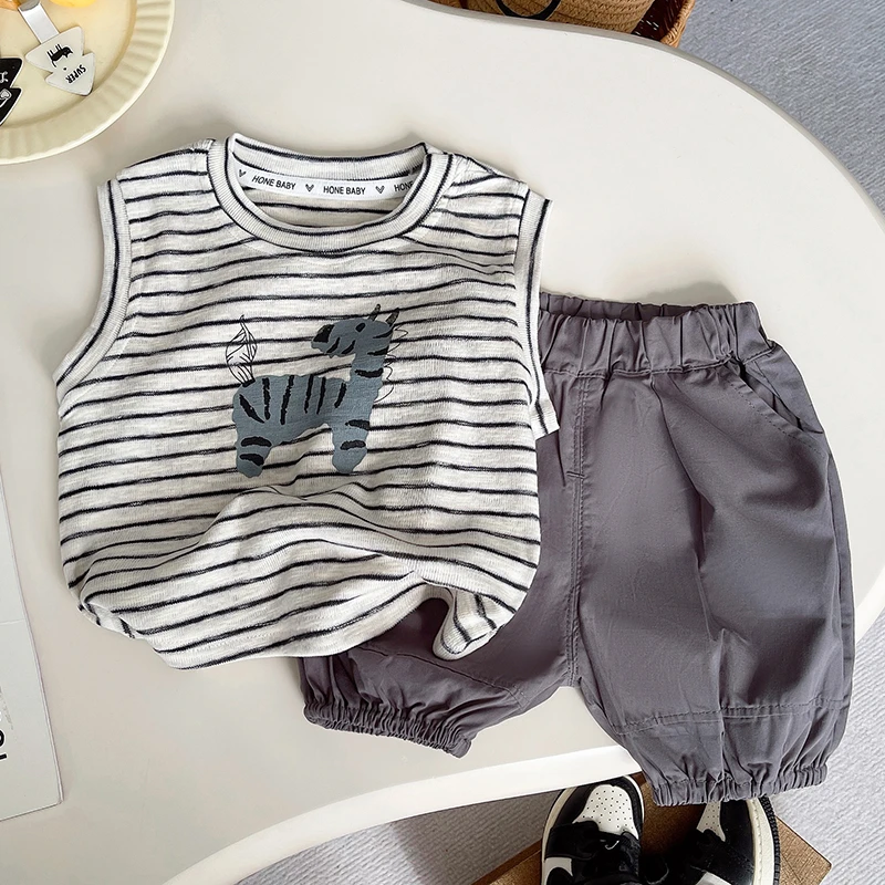 夏季条纹韩版男卡通动漫套头套装夏装男宝薄款森系男童套装洋气