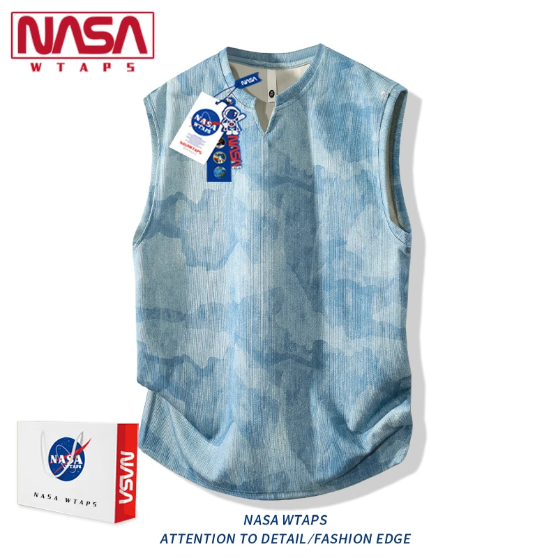 NASA WTAPS扎染无袖背心男款夏季薄款渐变色冰丝无袖T恤坎肩上衣