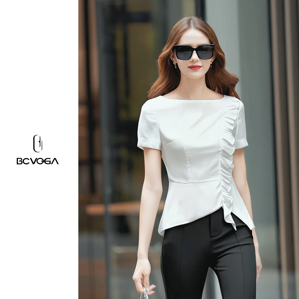 韩版白色不规则时尚显瘦小衫上衣短袖短款薄款收腰常规款设计感