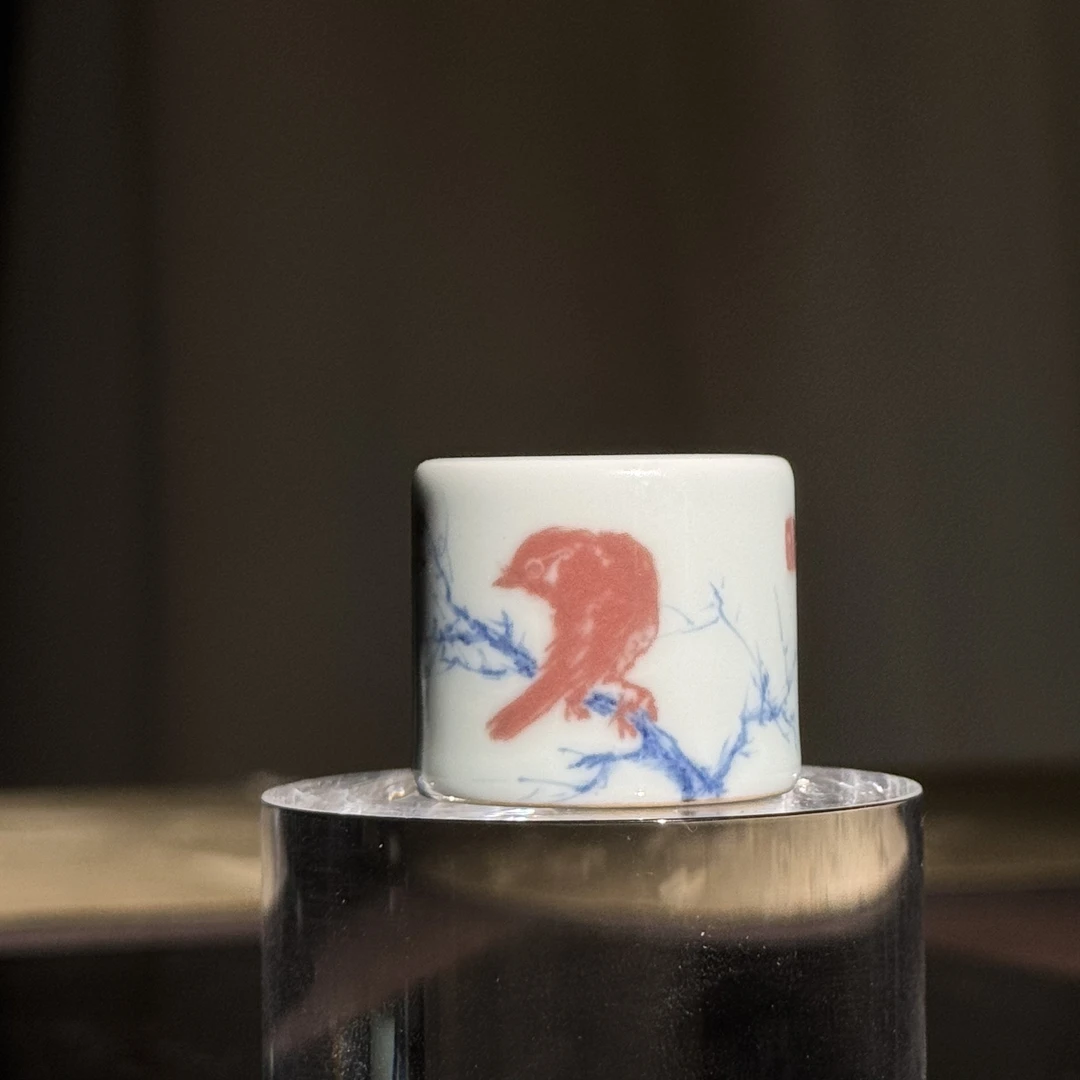 五云随安青花釉里红花鸟主人杯小扳指小盖置家用陶瓷茶杯