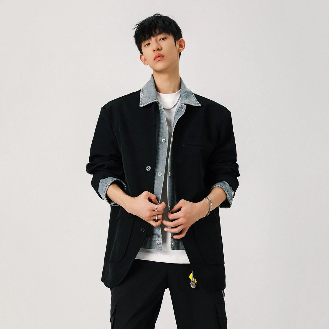 美式假两件牛仔西装外套男春秋款高级设计感西服男模痞帅拼接夹克