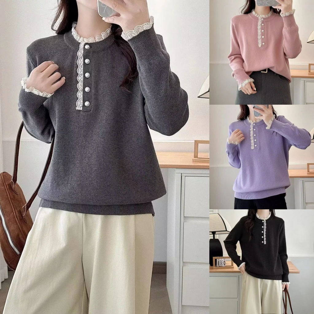 100-200斤大码女装胖mm秋季显瘦减龄洋气百搭蕾丝花边针织衫1389