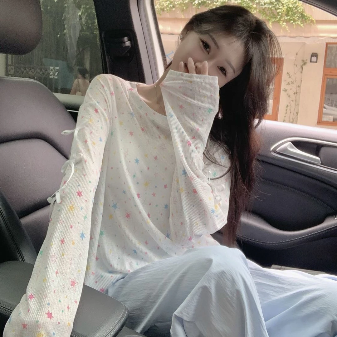~ 夏季薄款印花长袖大码防晒衫上衣小众星星蕾丝拼接设计感T恤女