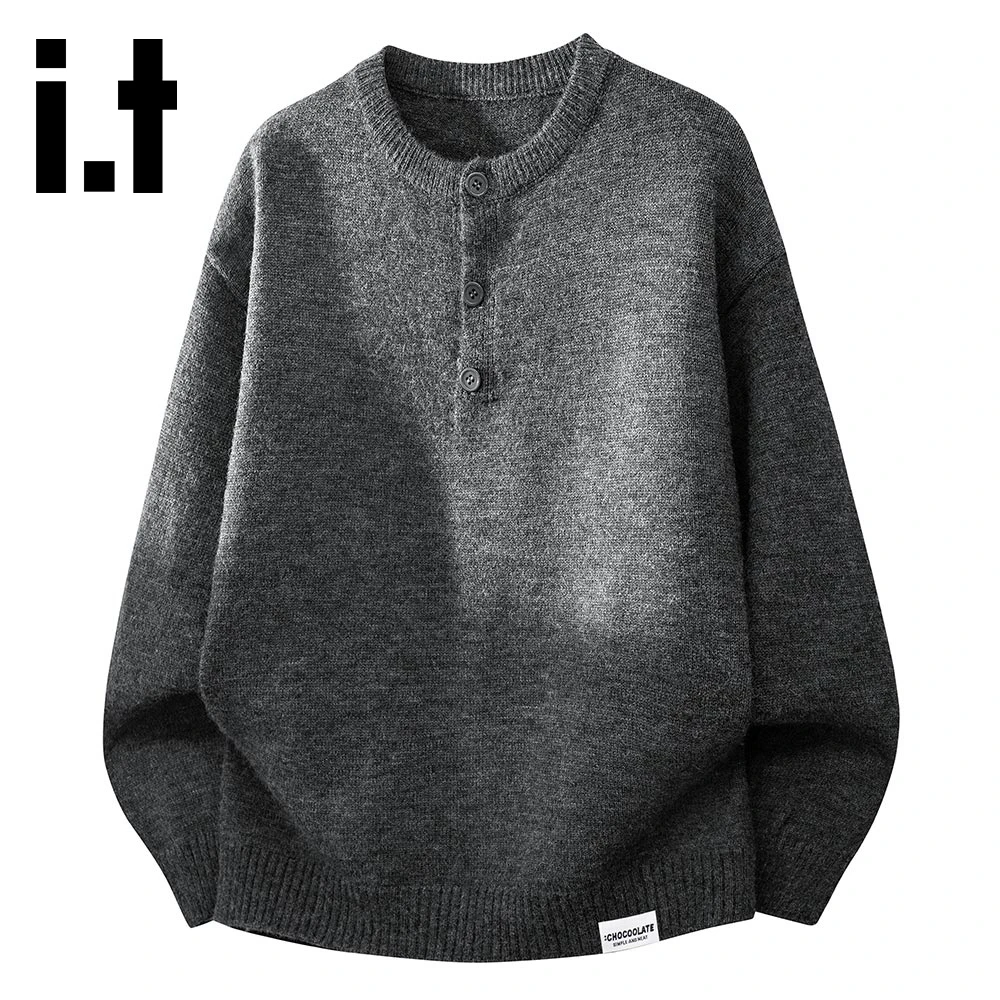 it:CHOCOOLATE2025秋冬新款黑色纽扣款针织圆领毛衣休闲宽松上衣