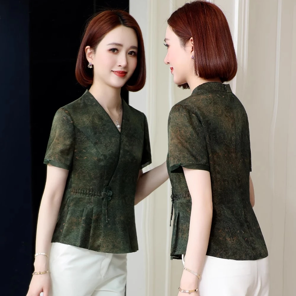 杭州桑蚕丝新中式小衫洋气香云纱上衣女新短袖优雅真丝夏季妈妈装
