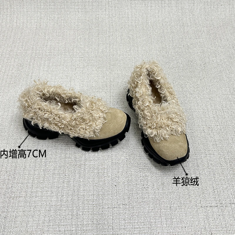 内增高复古加绒厚底乐福毛毛鞋女外穿2025新款冬季小个子保暖棉鞋