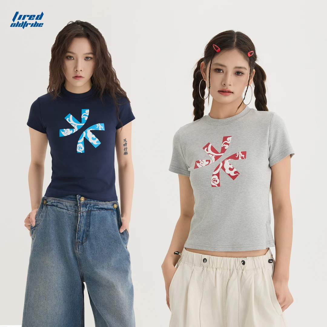 TIRED美式复古原创短款正肩短袖t恤女简约修身圆领上衣街头潮tee