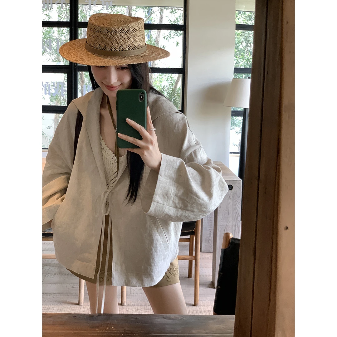 夏诗文 100%亚麻大翻领绑带短外套女夏廓形轻薄上衣