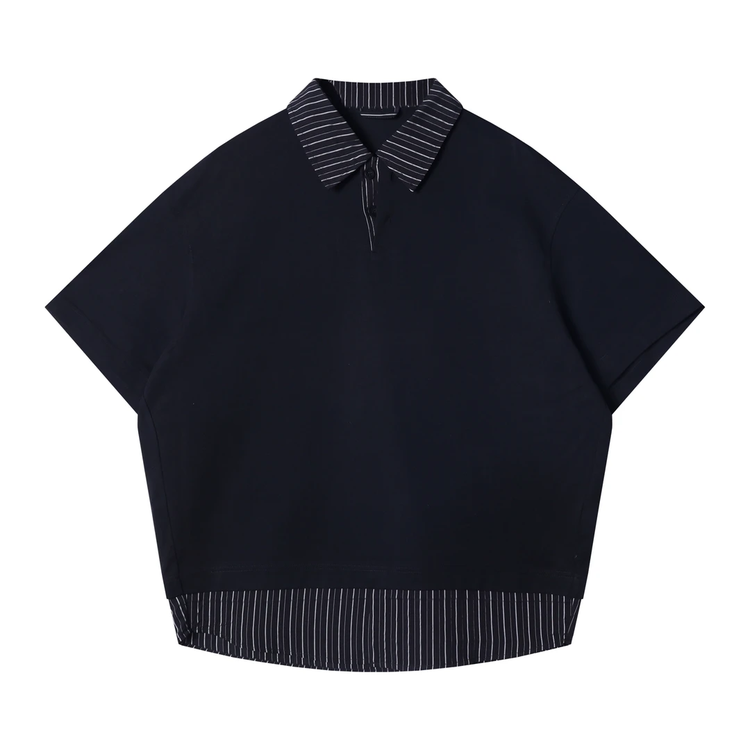 夏季高级感新款韩版条纹polo领气质简约百搭通勤休闲半袖上衣