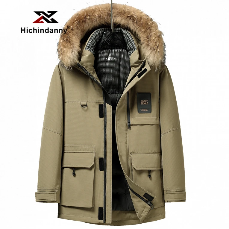 HICHIN大毛领羽绒服男士中长款加绒加厚款白鸭绒派克服冬季外套