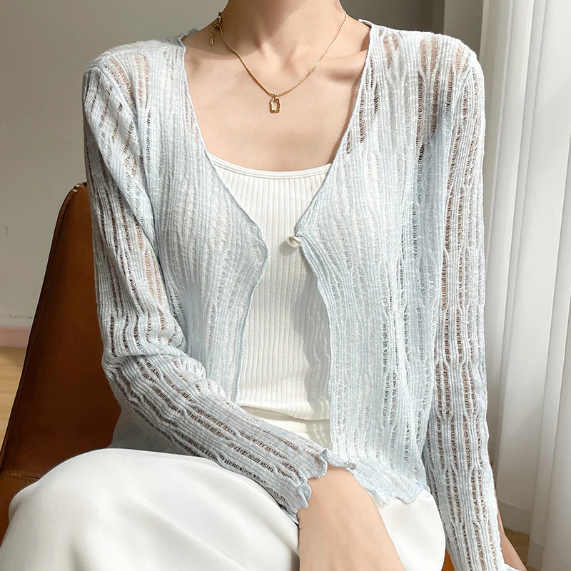 V领竹节麻针织开衫女夏季短款外穿长袖防晒衫修身时尚百搭空调衫
