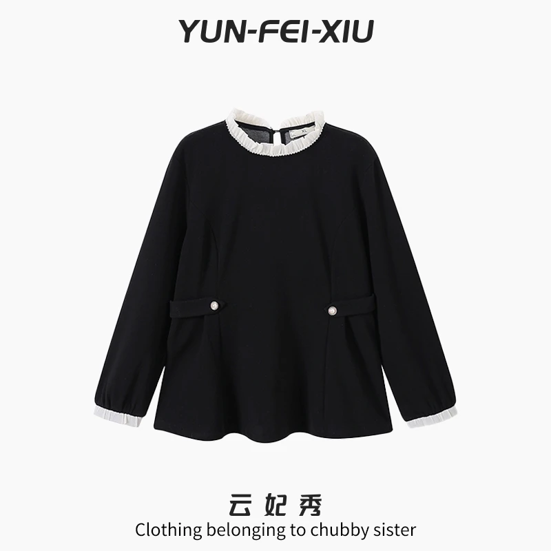 云妃秀大码女装T恤圆领木耳边撞色时尚宽松显瘦遮肉胖妹妹冬68803