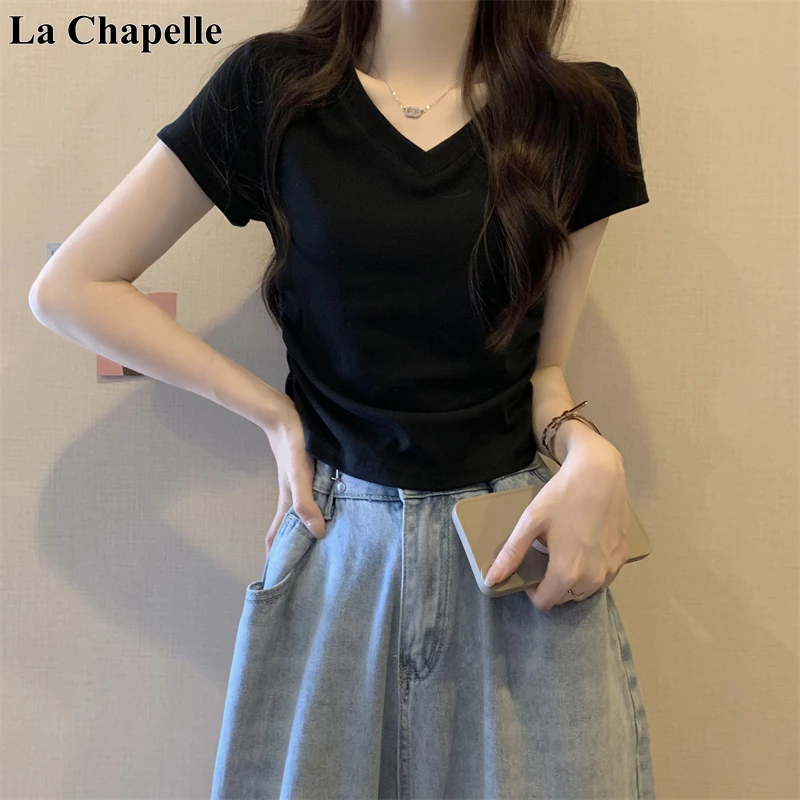 拉夏贝尔黑色V领正肩短袖T恤女夏季2025新款辣妹修身短款褶皱上衣