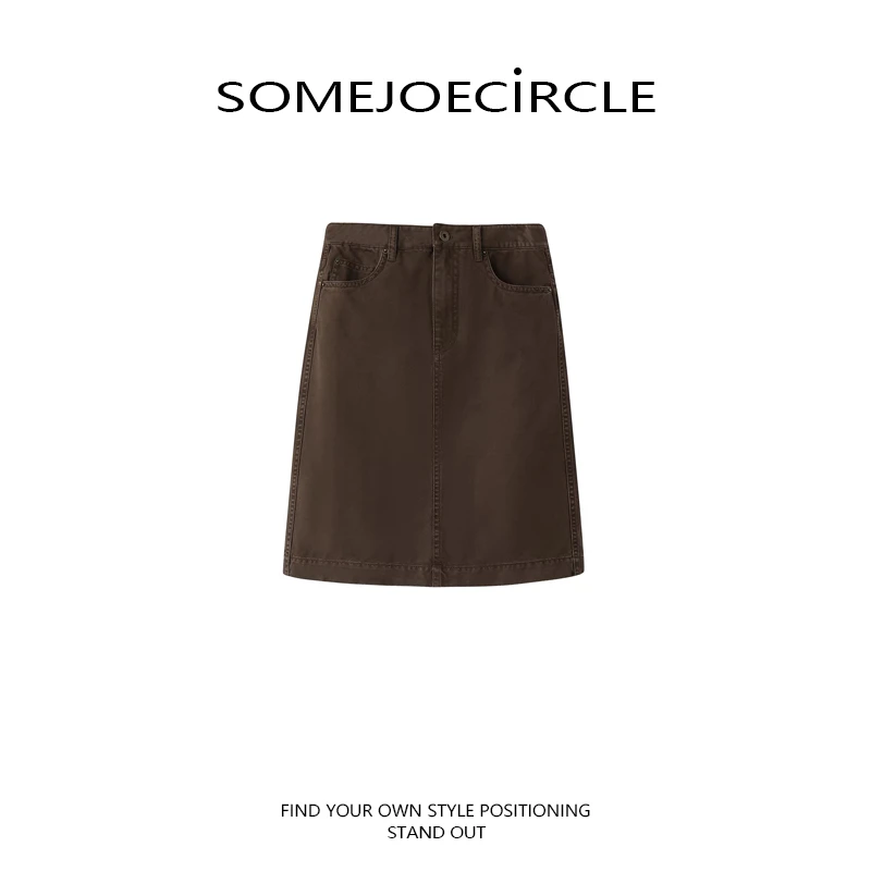 SOMEJOECIRCLE【枫】25秋新品烟熏棕棉高腰直筒开叉复古半身裙Z7560