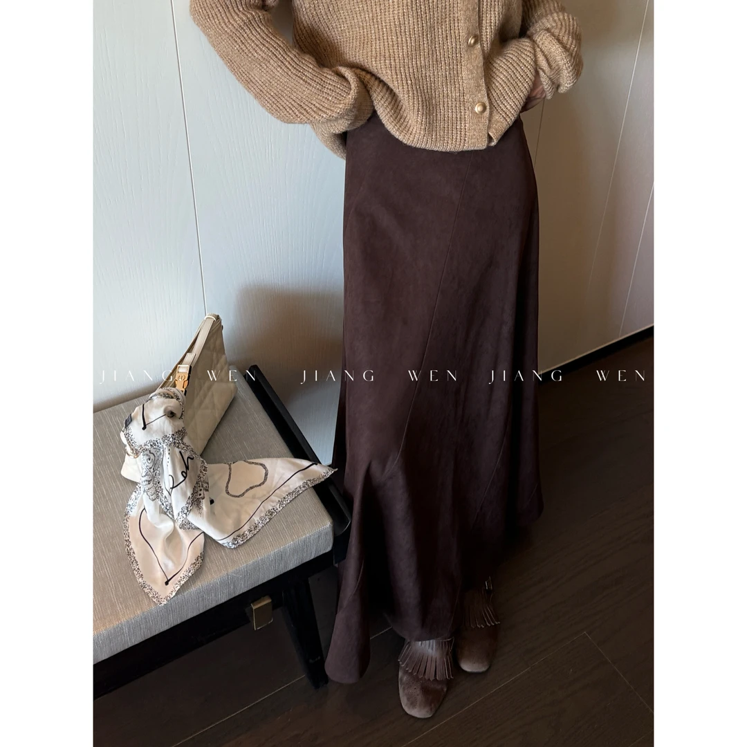 【乌木半裙】高级感麂皮绒A字大摆型高腰半身裙