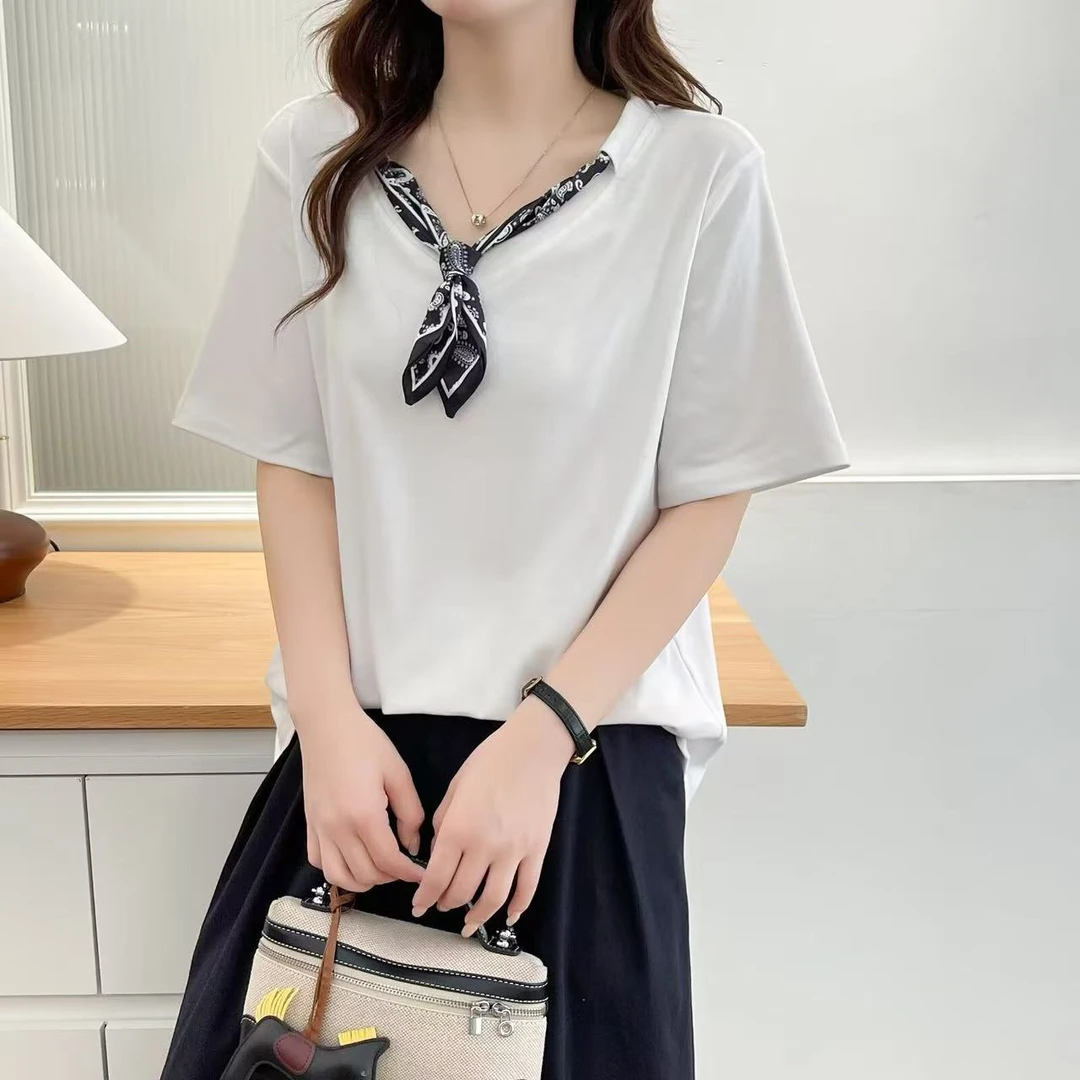 配丝巾短袖大码体恤女2025年夏季新款设计感小衫收腰显瘦女装上衣