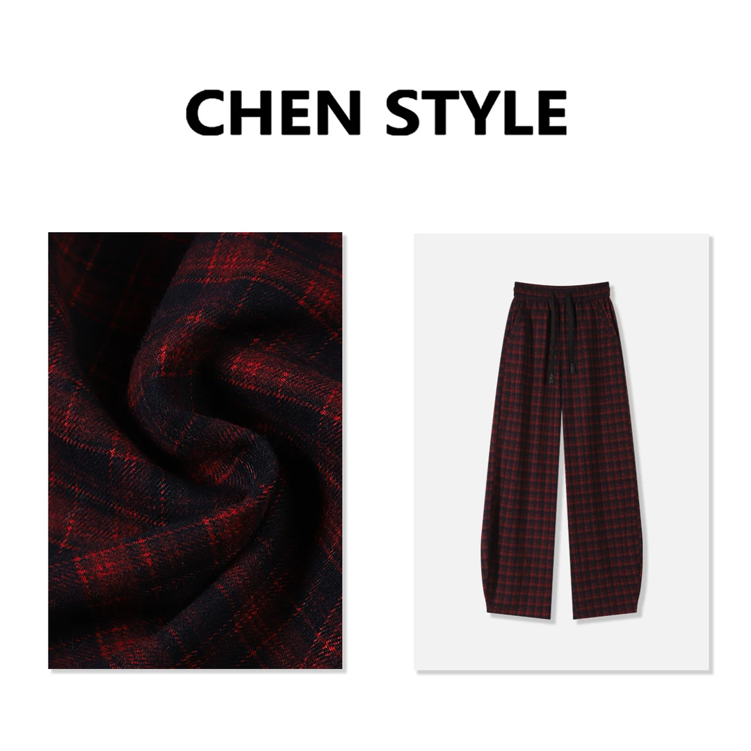 楚楚君~【加绒红格调】K95584加绒加厚红格弯刀休闲裤