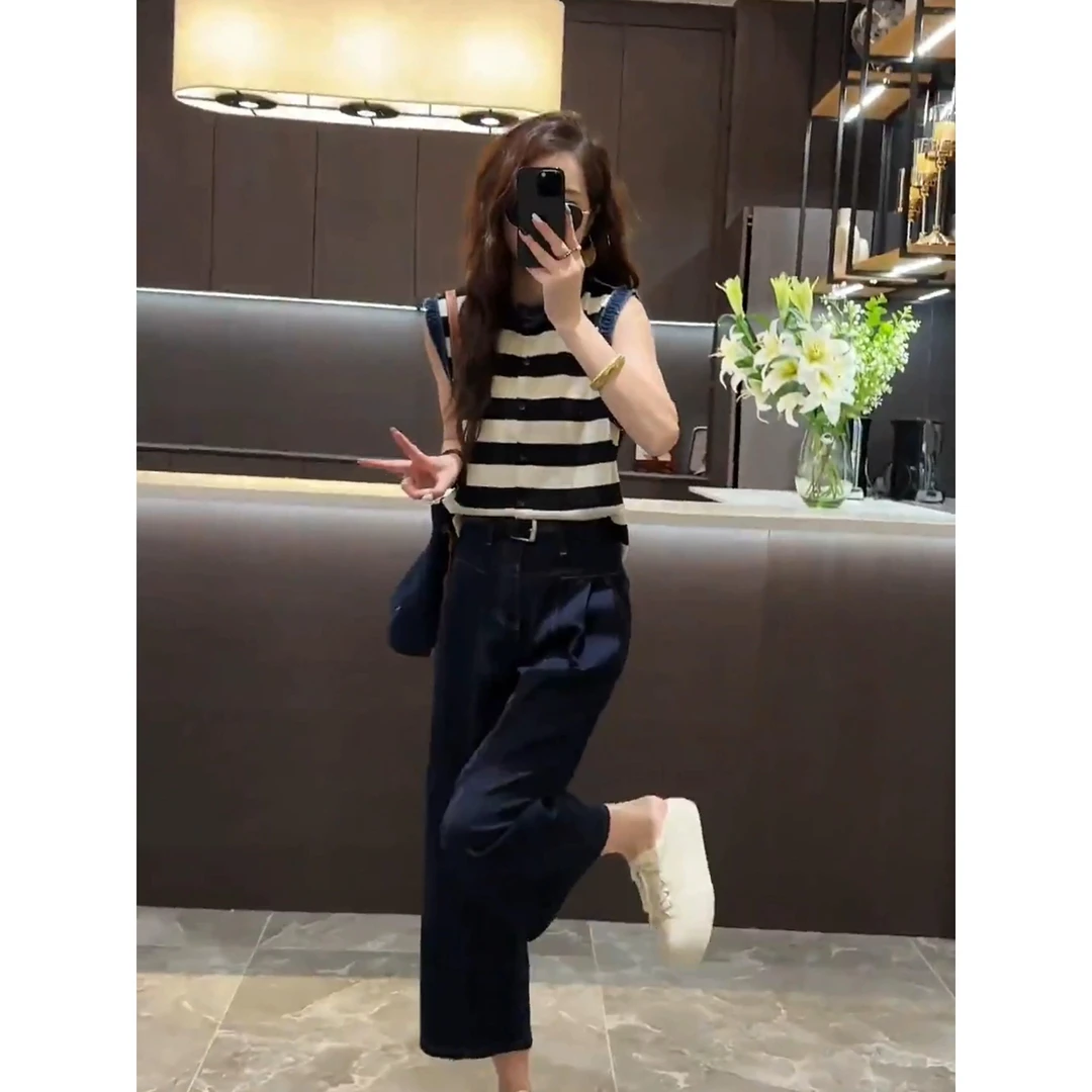 2025新款夏装搭配一整套干练气质高级感条纹短袖牛仔裤两件套装女