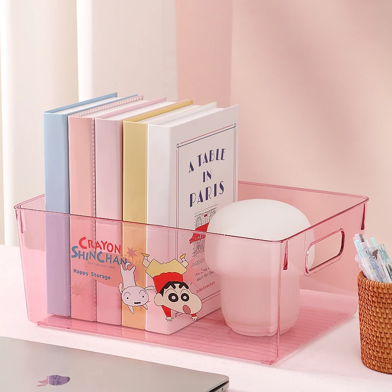 蜡笔小新正版桌面收纳盒可爱手提学生零食化妆杂物透明整理储物筐