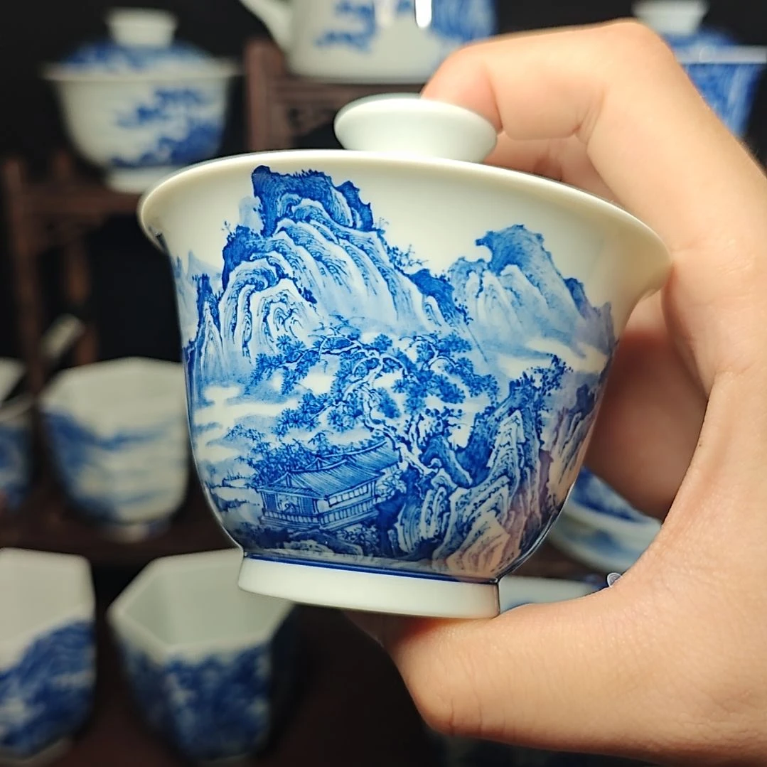 清***川摆件青花山水盖碗