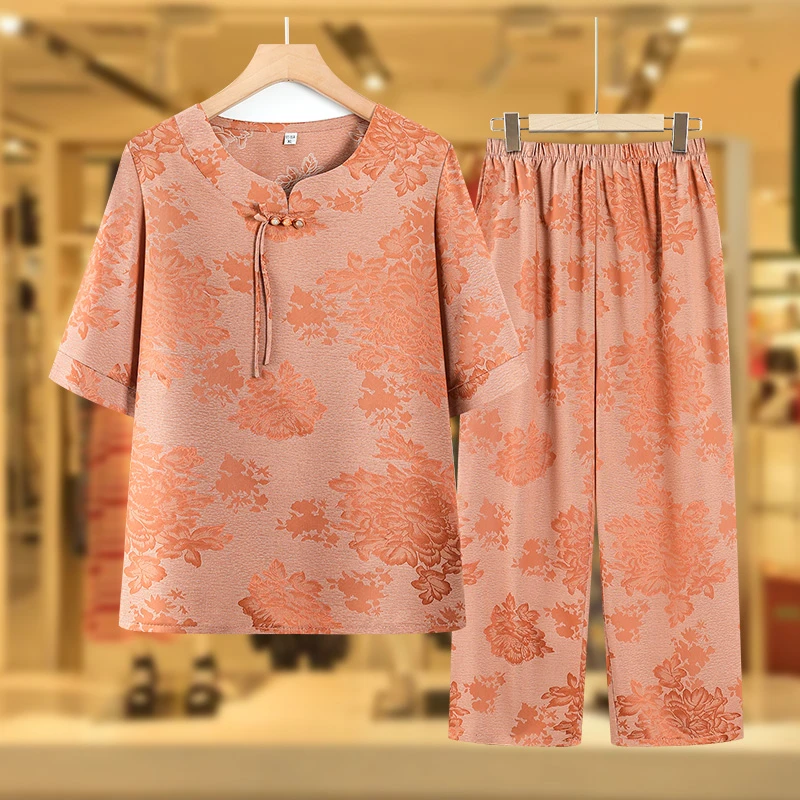妈妈春装新款T恤套装中老年女装奶奶2025春夏季老人太太夏装衣服