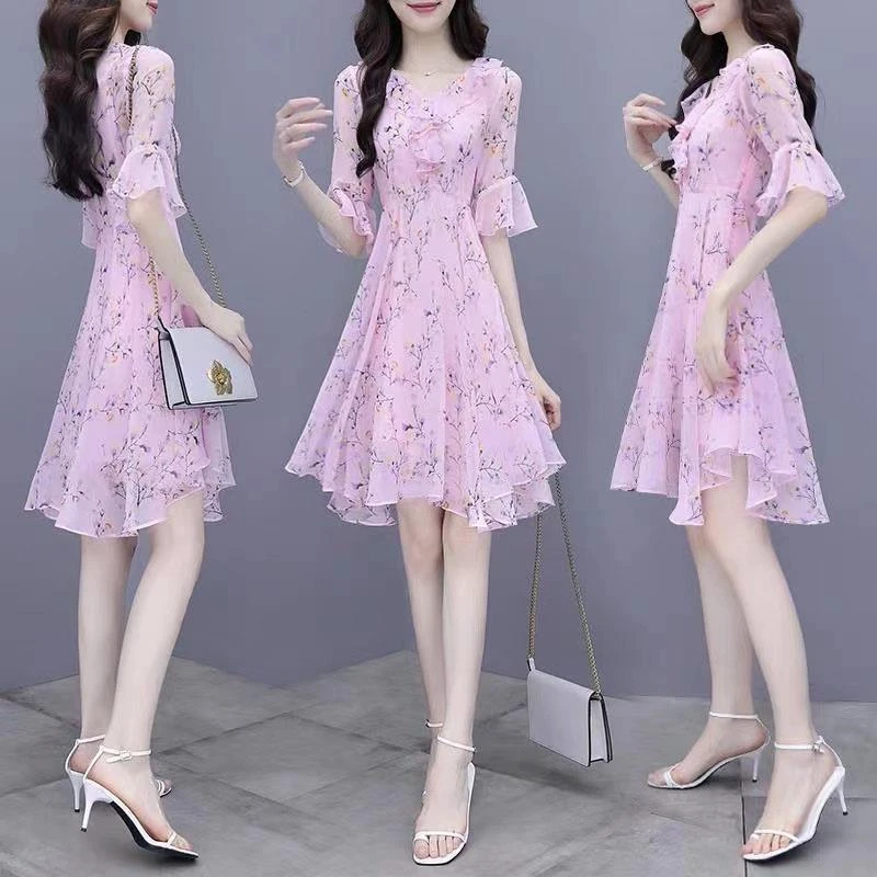 2025夏装时尚收腰显瘦喇叭袖碎花裙子女减龄新款中长款气质连衣裙
