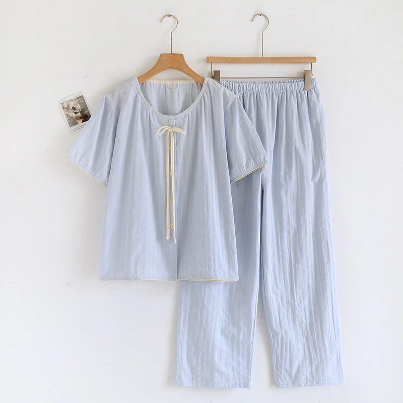 纯棉纱布睡衣女款夏季2025新款日系baby蓝短袖长裤夏天薄款家居服