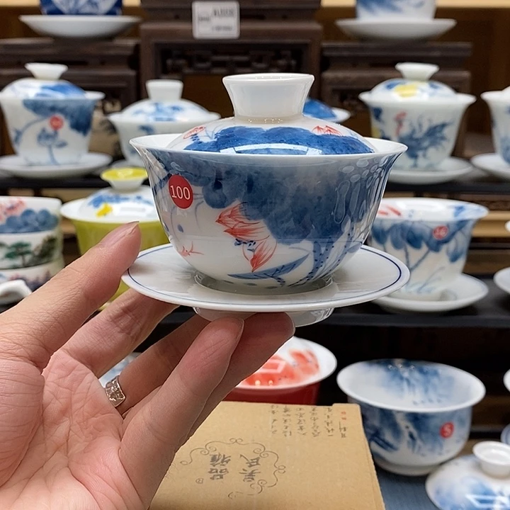 手绘荷花盖碗120cc釉下彩微瑕福利款