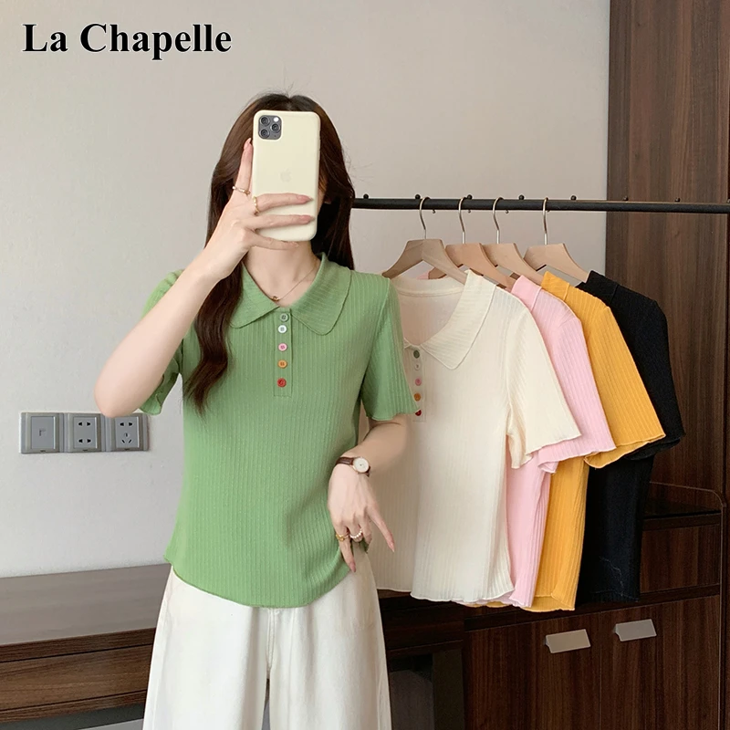 拉夏贝尔2025夏季新款胖mm大码女简约减龄彩色纽扣polo领短袖T恤