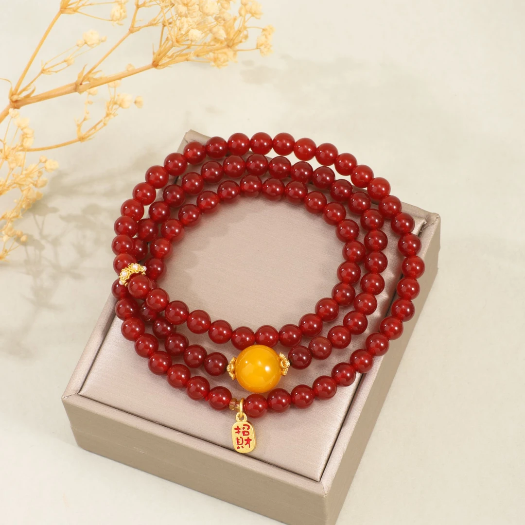 V24红玛瑙8A帝王珠黄玛瑙三圈手串R3398
