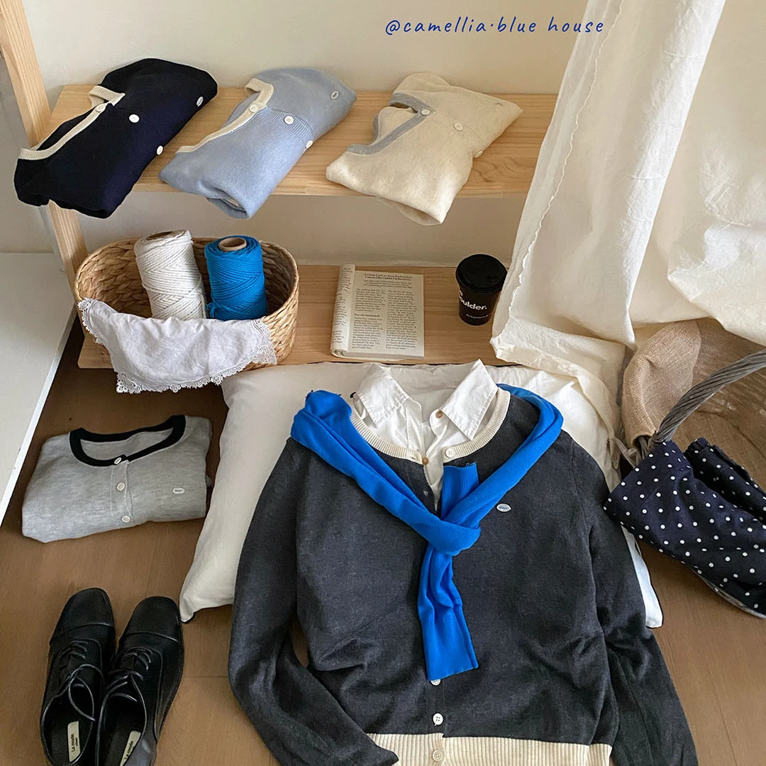 韩系复古撞色软糯长袖针织开衫女秋气质宽松贝壳显瘦百搭外套上衣