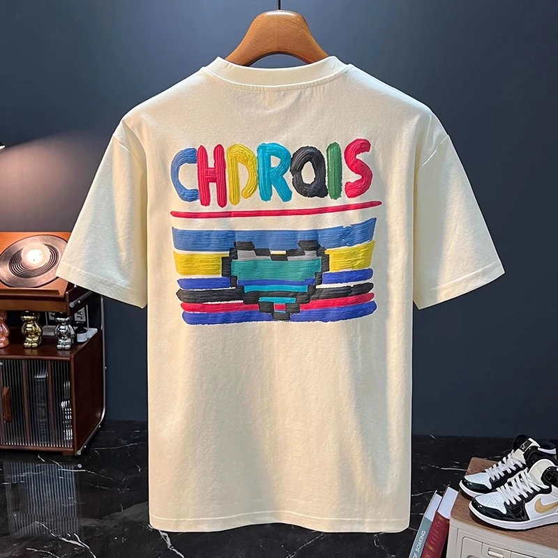 LEIGHZ/雷茨美式宽松短袖T恤男重磅印花夏季上衣体恤休闲落肩男款