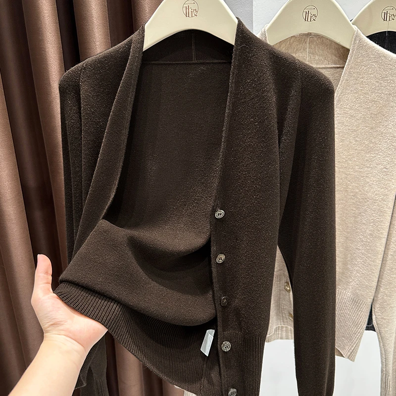 美拉德咖色v领针织开衫外套2025新款长袖薄款高级感时髦气质上衣