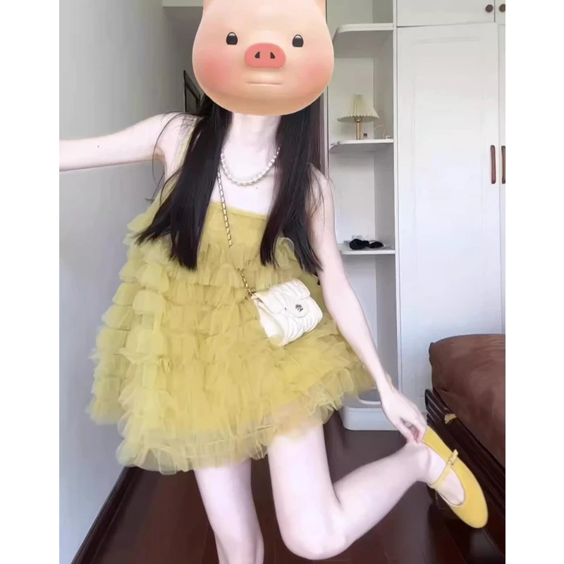 法式气质网纱吊带连衣裙女夏季设计感超仙海边度假蓬蓬蛋糕短裙子