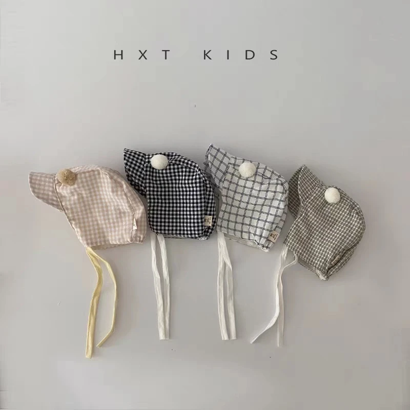 婴儿帽子夏季ins简约双球可爱小格子遮阳宫廷帽0-1岁宝宝遮阳帽春