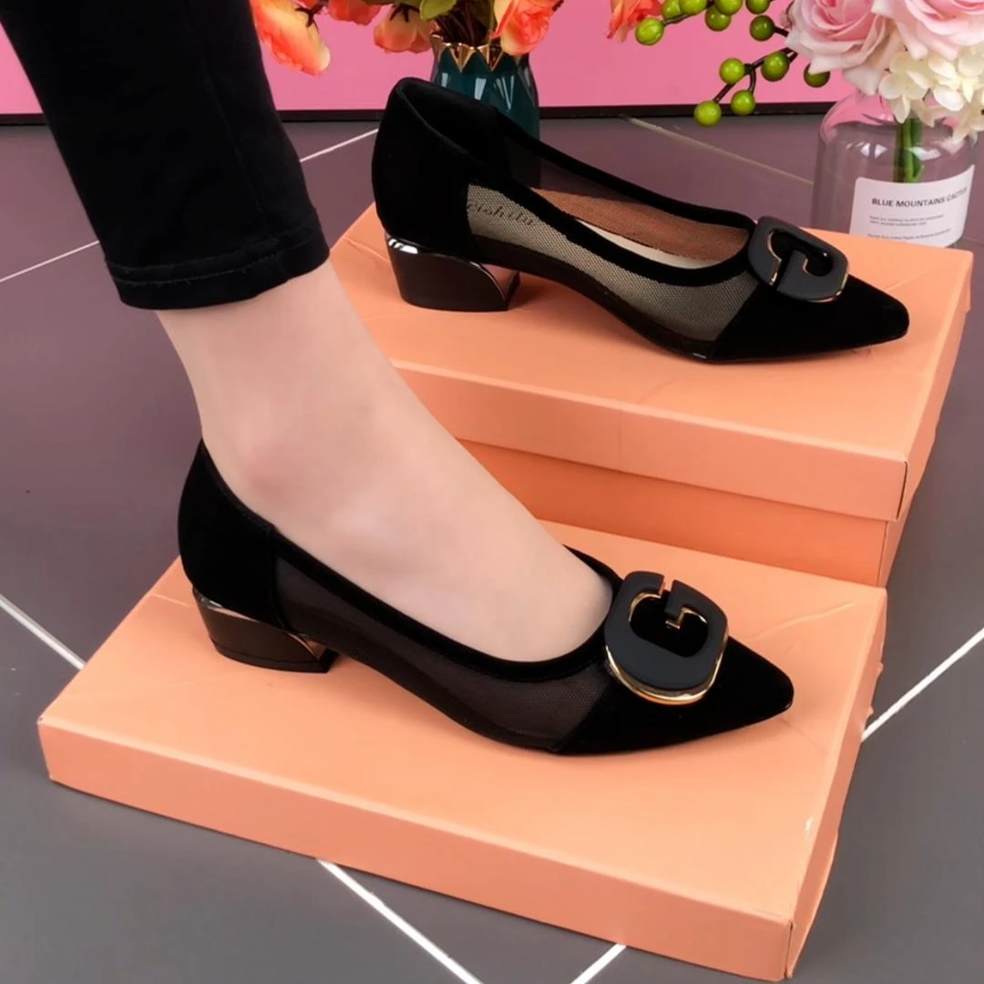 2025夏季舒适时尚百搭粗跟浅口网红爆款网纱透气休闲单鞋女妈妈鞋