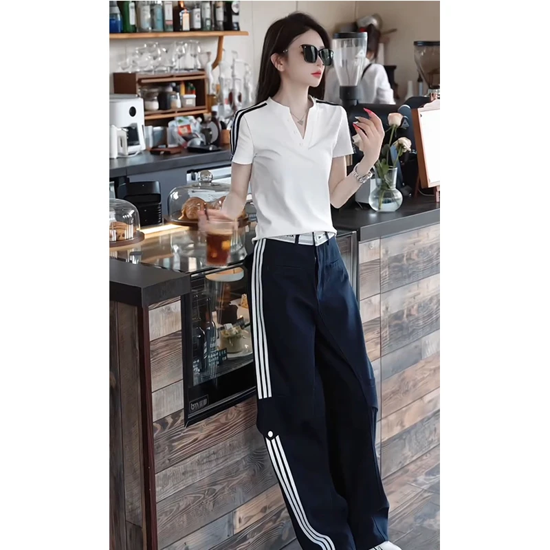 2025夏季时尚三条杠半开领短袖t恤高腰直筒休闲裤子显瘦两件套装