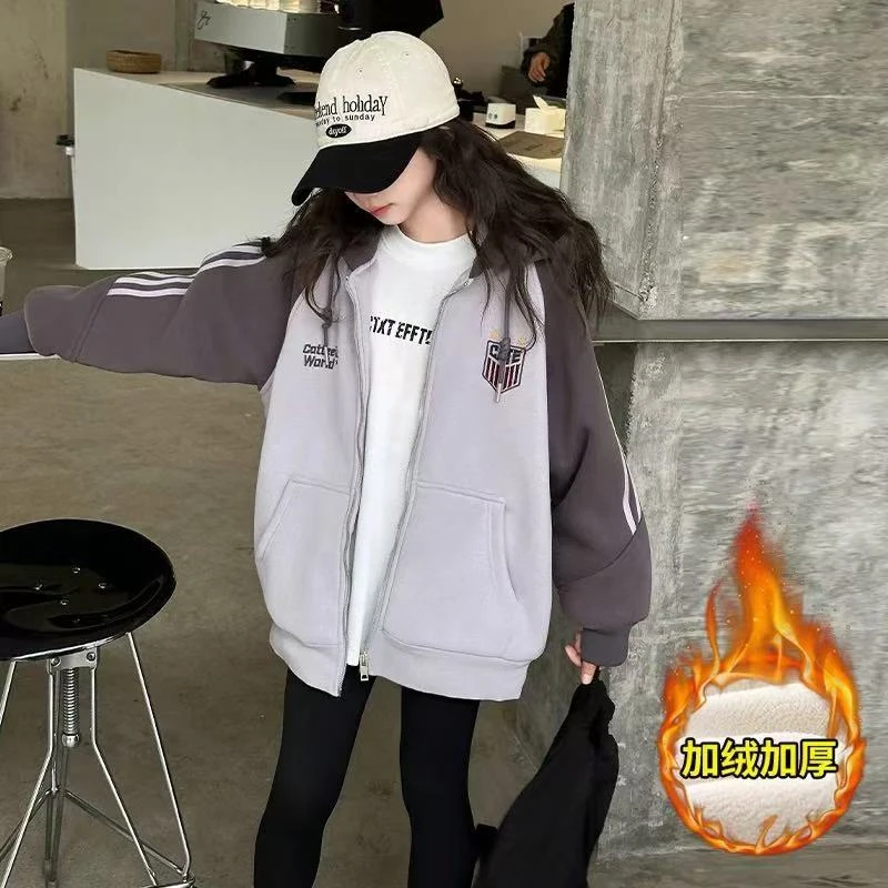 411360《现》儿童优选韩版休闲舒适秋冬季加毛连帽卫衣外套