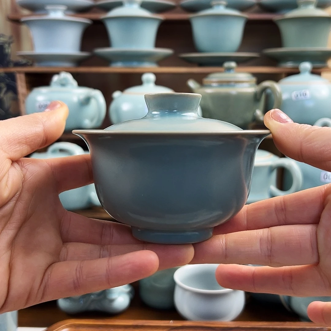 仿古青绿釉水两才手工盖碗