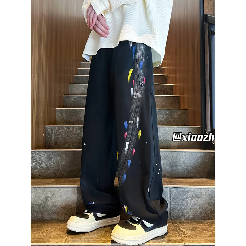 泼墨涂鸦牛仔裤男春秋季美式高街vibe裤子直筒阔腿裤垂感休闲长裤