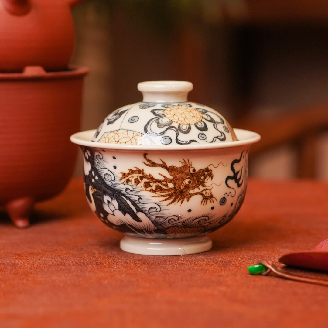 渐升堂  青+金金龙鱼碎片盖碗  茶具中式茶道饮茶 JST5458