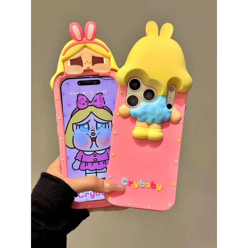 日韩卡通立体粉兔耳哭泣女孩适用iphone17promax苹果16pro手机壳