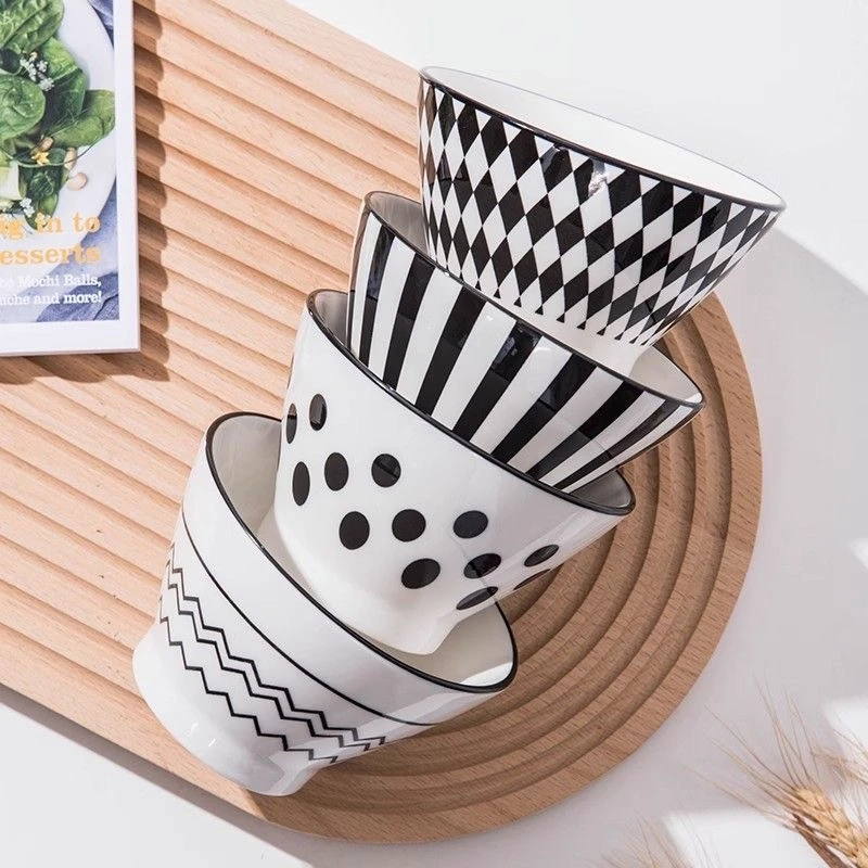 赫本风斗笠碗防烫高脚碗釉下彩餐具陶瓷碗微波炉碗家用米饭碗爆款