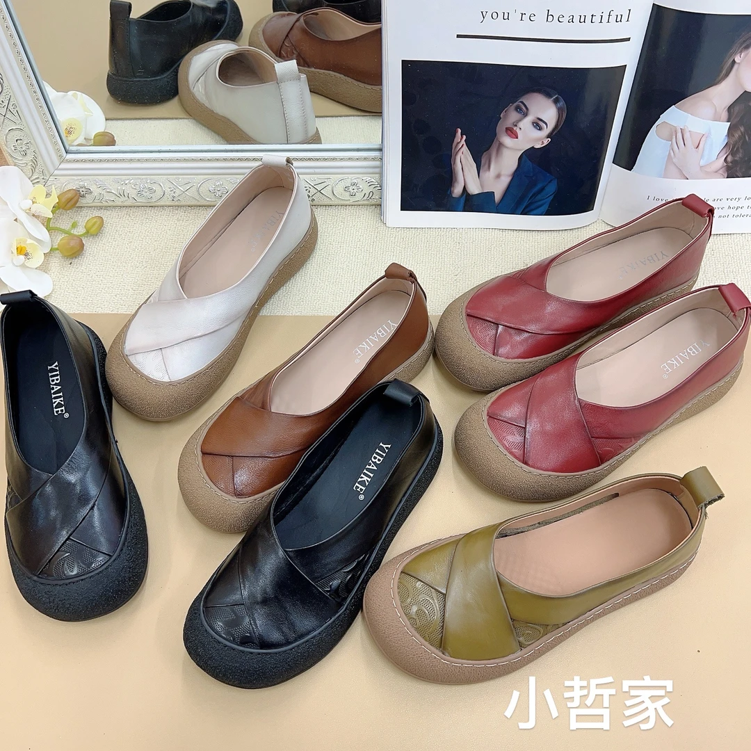 春夏新款真皮厚底平底圆头浅口透气百搭舒适单里瓢鞋女鞋妈妈鞋
