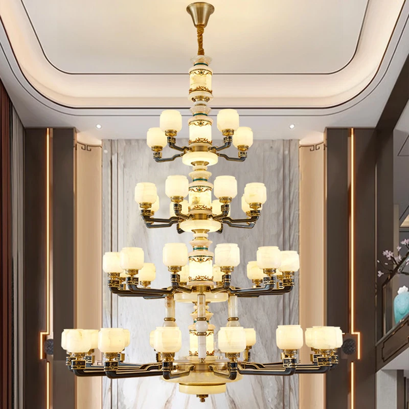 新中式别墅复式楼大吊灯全铜玉石灯具奢华大厅云石2024年新款铜灯