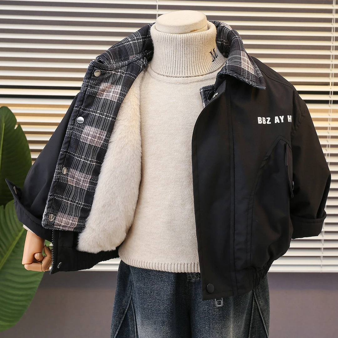 男童假两件夹棉外套加绒冬季2025新款儿童加厚夹克宝宝棉衣冬装潮