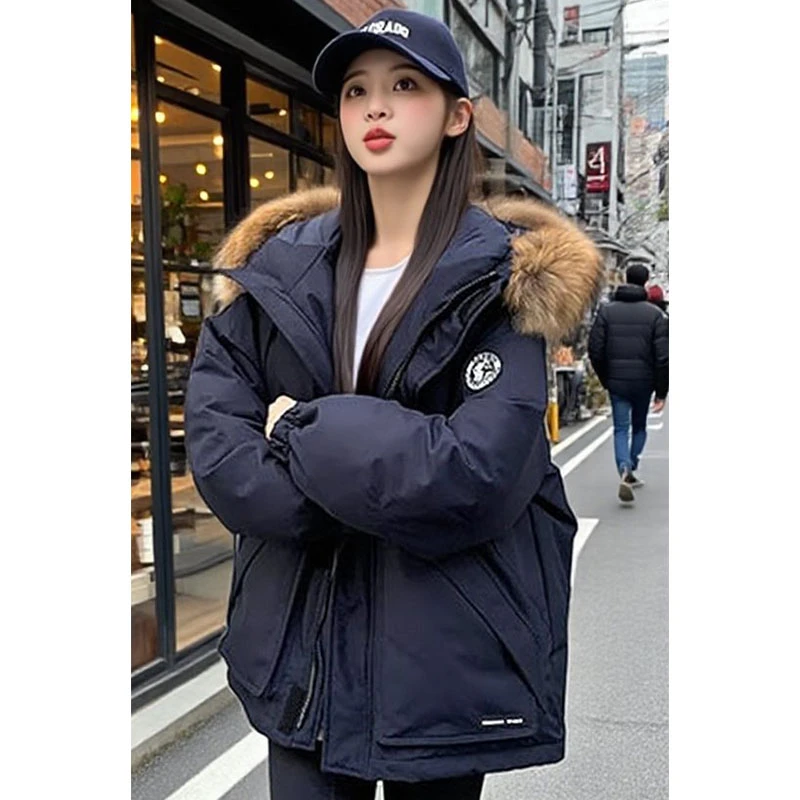 藏青色大毛领连帽棉服女2025冬季拉链宽松加厚宽松保暖派克服外套