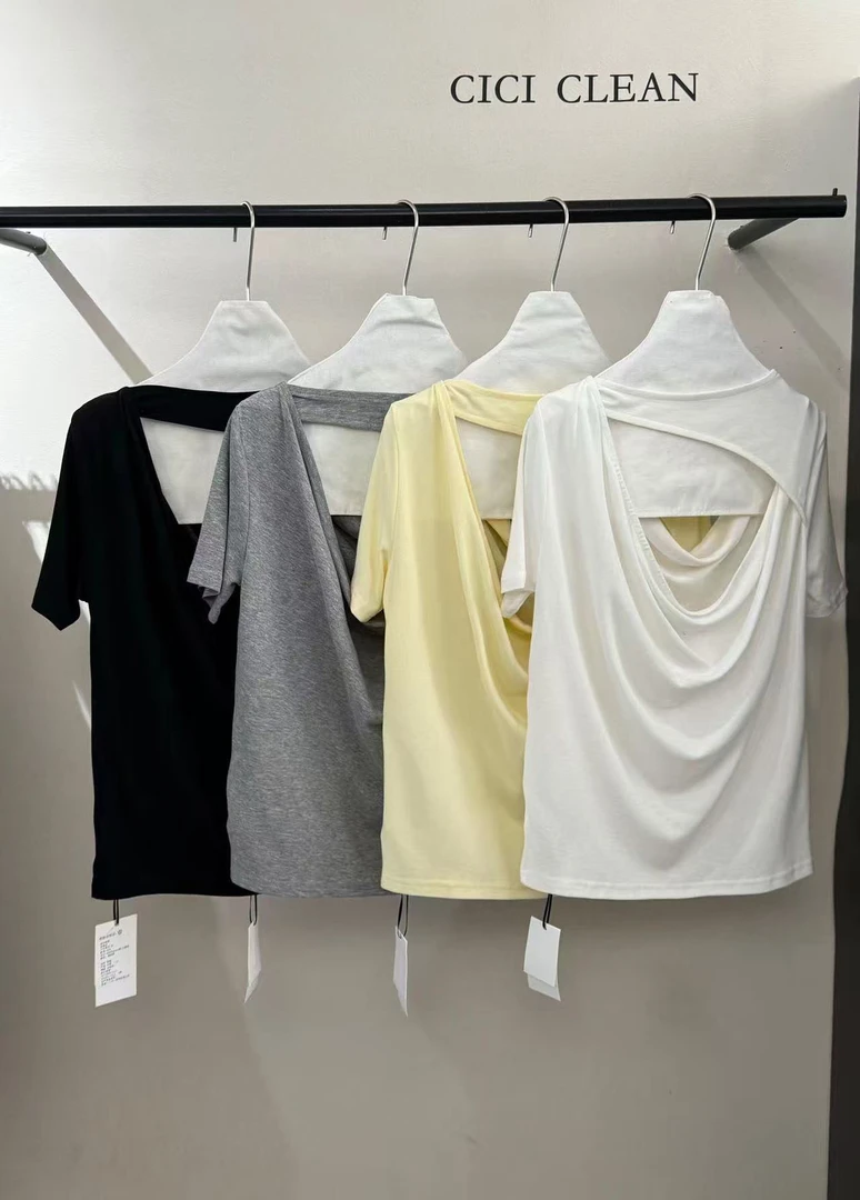 CiCi 福秒（9CC6083#)露背设计  纯色不规则荡领T恤9-610